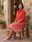 FJØRNA women's summer dress with polka dot pattern and pockets, knee-length, lightweight and breezy for warm weather.