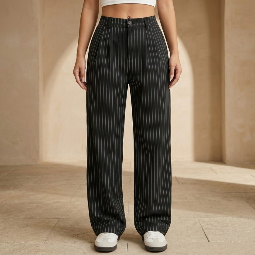 Women’s high-waisted pinstripe wide-leg trousers by FJØRNA shown on a model, featuring a tailored fit and classic pattern.