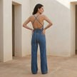 FJØRNA denim two-piece suit set for women with wide-leg pants and matching top, casual and stylish for everyday wear.