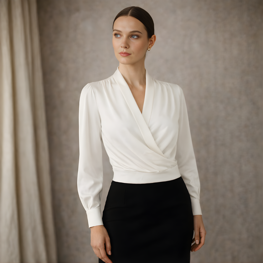 FJØRNA satin long sleeve top for women, stylish and smooth fabric, featuring a sleek design and elegant fit.