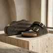Red suede men's sandals by FJØRNA with cushioned soles, featuring open-toe design and stylish summer footwear.
