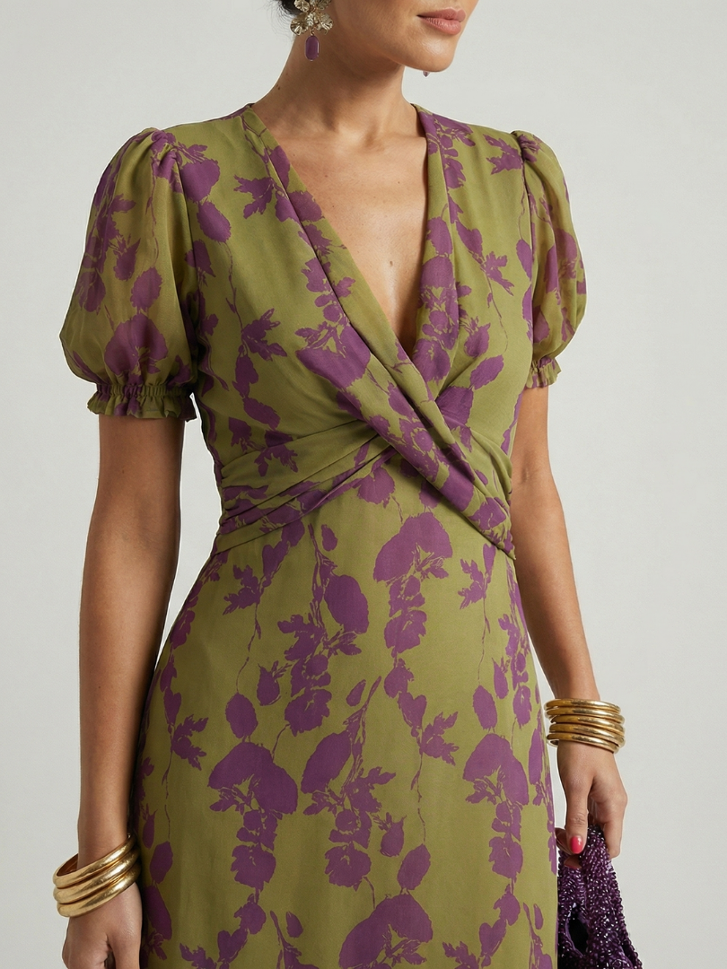 FJØRNA women's floral summer midi dress with V-neck, lightweight fabric, and sleeveless design perfect for warm weather.