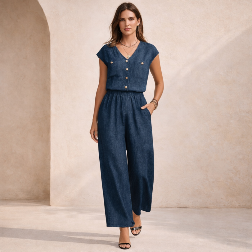 FJØRNA women's wide leg jumpsuit with V-neck, button front, and sleeveless design, stylish and comfortable for casual wear.