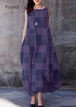 FJØRNA bohemian purple O-neck sleeveless cotton dress with extra-large hem, casual wedding dress style, shown on a model.