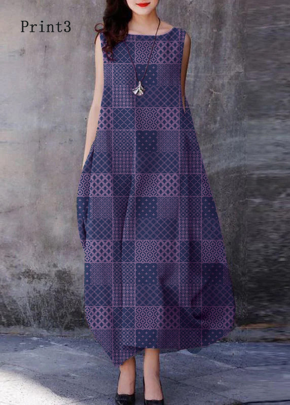 FJØRNA bohemian purple O-neck sleeveless cotton dress with extra-large hem, casual wedding dress style, shown on a model.