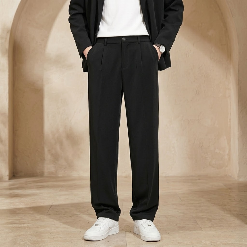 FJØRNA men's pleated relaxed fit trousers, stylish pants with a comfortable fit, shown in a neutral color on a plain background.