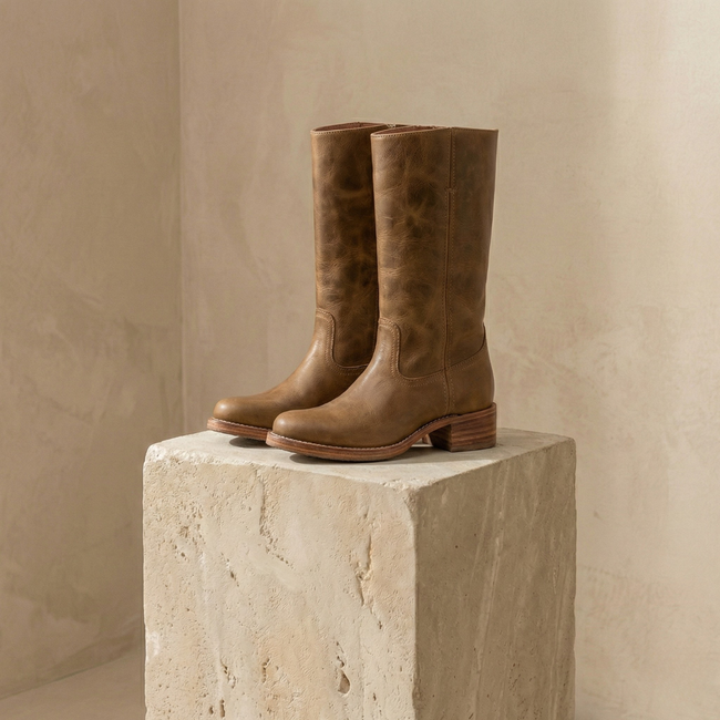 FJØRNA tan leather knee-high men's boots with block heels, stylish and sturdy footwear for versatile fashion.