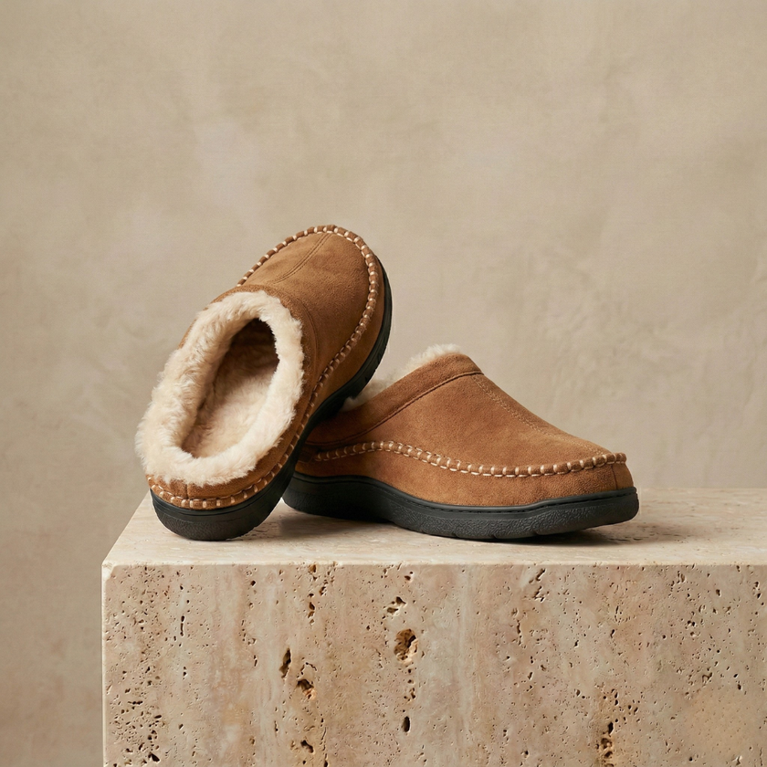 FJØRNA men's slip-on slippers in soft fabric, featuring a comfortable design and neutral color for relaxed indoor wear.