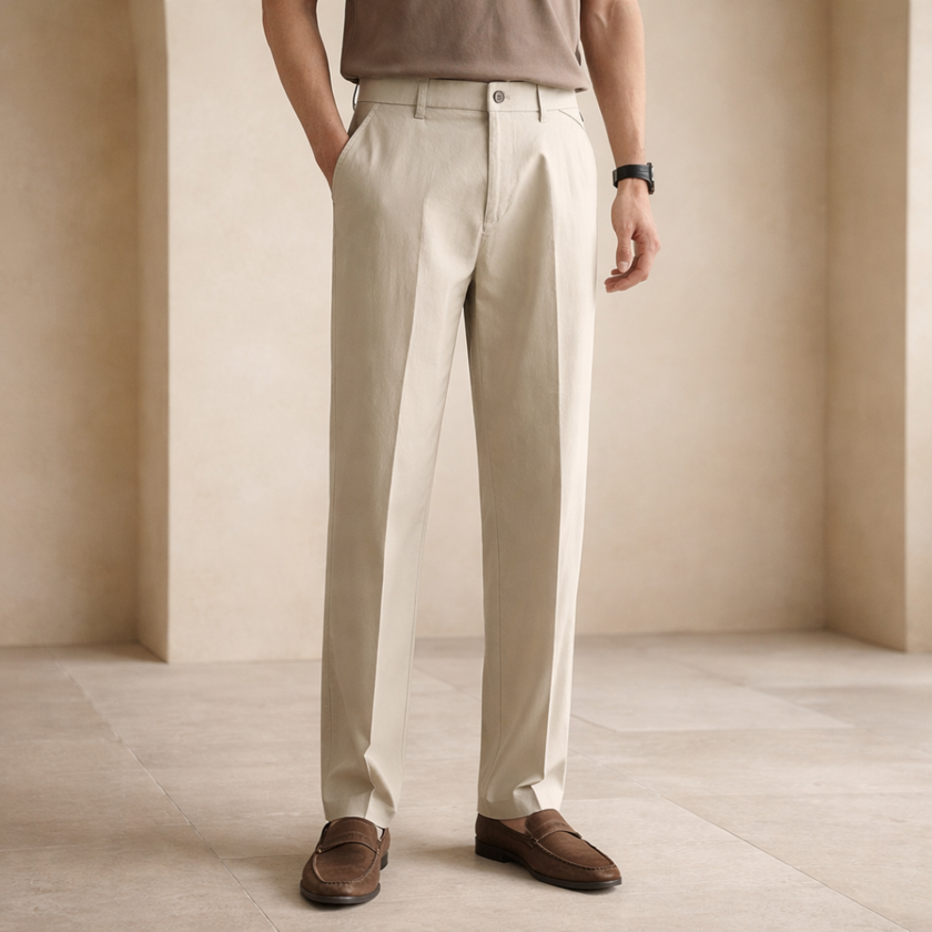 Men's straight leg trousers by FJØRNA with elastic waistband, showcasing a sleek fit and classic design in neutral fabric.