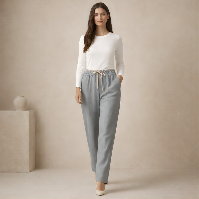 FJØRNA women's cotton linen trousers with drawstring waist, relaxed fit, casual pant style, light and breathable fabric.