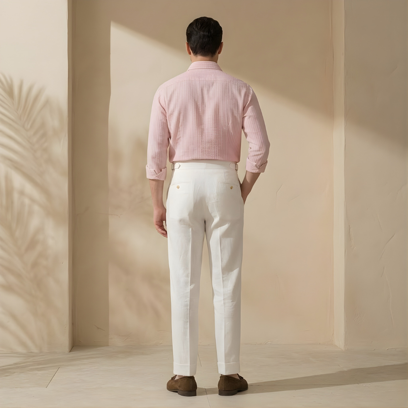 FJØRNA men's linen straight-leg trousers with high waist and pleats, lightweight and stylish for casual or office wear
