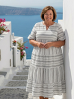 FJØRNA women's summer midi dress with striped pattern, V-neck, short sleeves, casual style, perfect for warm weather.