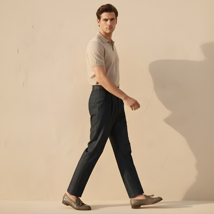FJØRNA men's high waist straight leg trousers, black pants with a clean fit and tailored look, front and side view.