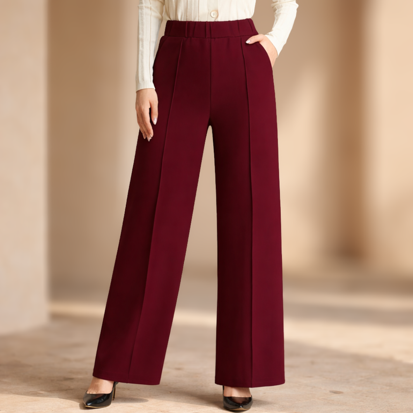 FJØRNA women's high waist wide leg tailored pants, front view showing fit and fabric texture.