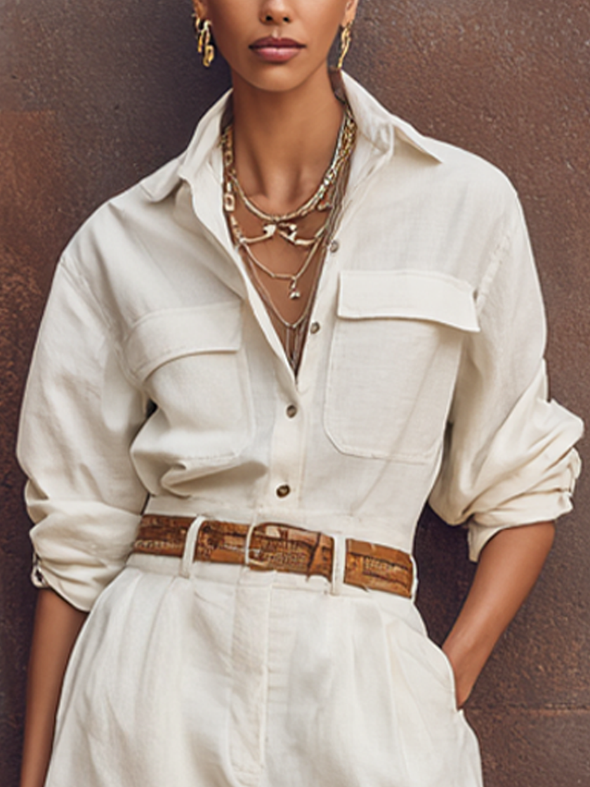 FJØRNA women's cotton-linen shirt jumpsuit with lapel collar, long sleeves, and button-down front, paired with women's pants.