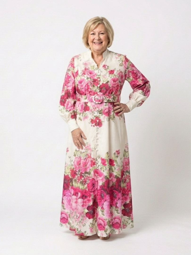 FJØRNA women's floral summer maxi dress with belt, flowing sleeveless design, perfect for warm weather and casual occasions.