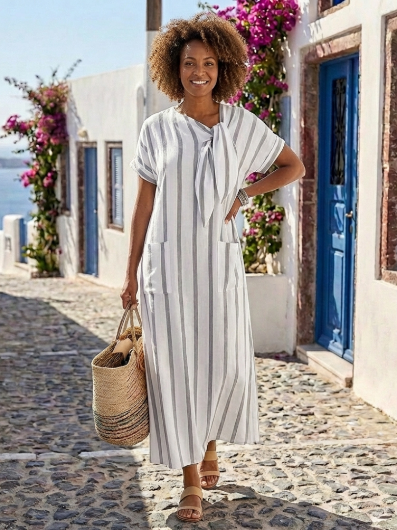 FJØRNA women's summer midi dress with short sleeves and striped pattern, lightweight and stylish for warm weather.