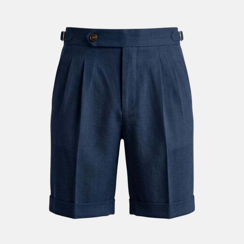 Men's high waist linen shorts by FJØRNA with pleated design, lightweight and comfortable for casual wear.