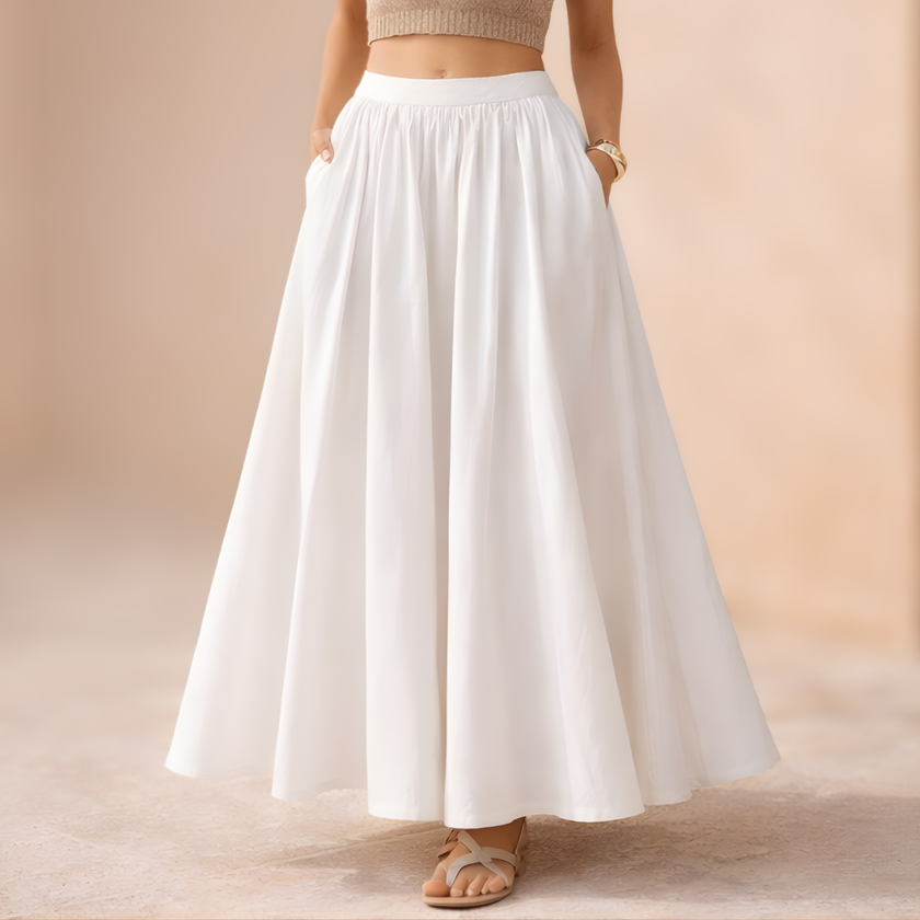 FJØRNA women's high-waist maxi skirt in flowing fabric, full length with a comfortable waistband, perfect for casual or formal wear.