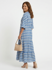 FJØRNA women's summer midi dress with a colorful print and wrap design, perfect for warm weather and casual occasions.