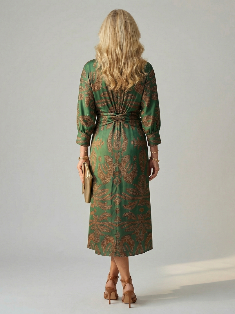 FJØRNA women's summer midi dress with long sleeves and wrap design, stylish and comfortable for warm weather.