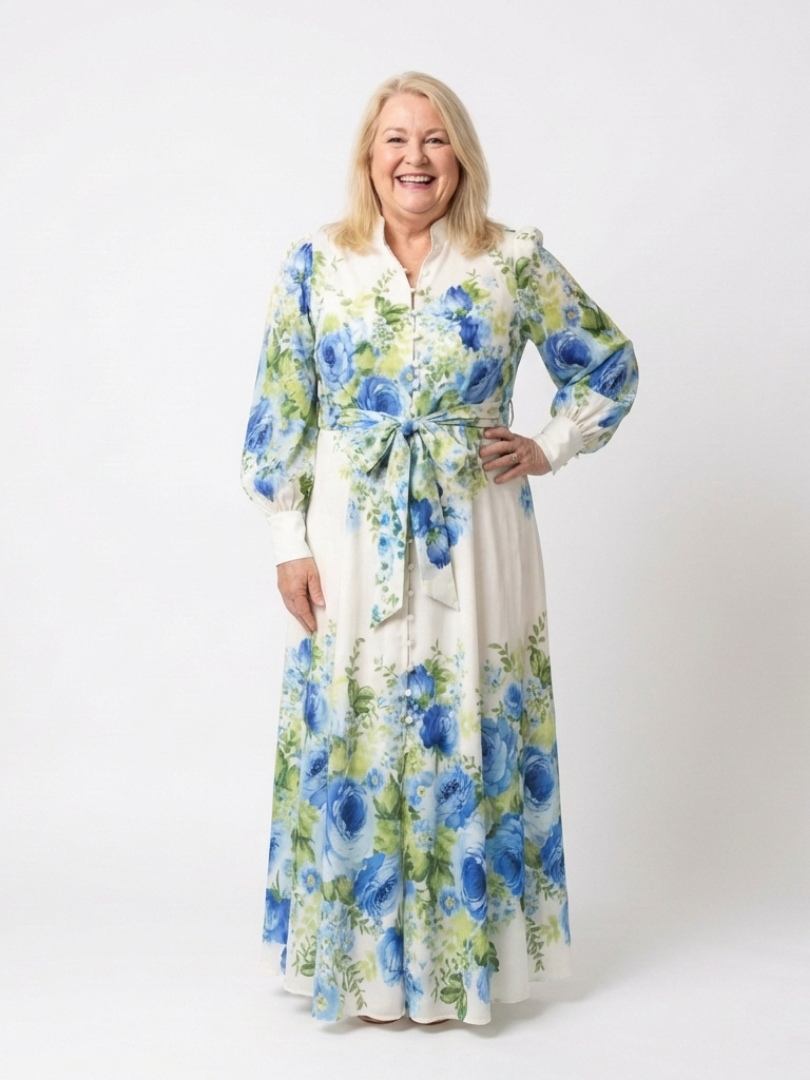 FJØRNA women's summer maxi dress with a floral pattern, flowy and lightweight, breathable fabric perfect for warm weather.