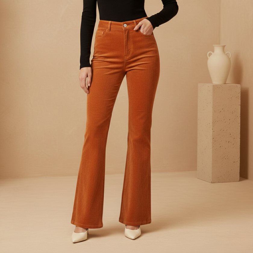 FJØRNA women's high waist flared trousers with a fitted waist and flared pant legs, shown in a stylish, natural pose.