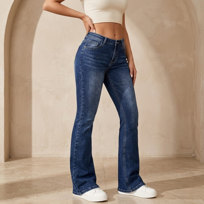 Women’s mid waist stretch flared denim jeans by FJØRNA, showing the fit and flare design with classic denim fabric.