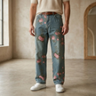 Men's denim jeans by FJØRNA featuring a floral pattern, casual pants with a relaxed fit and stylish design.