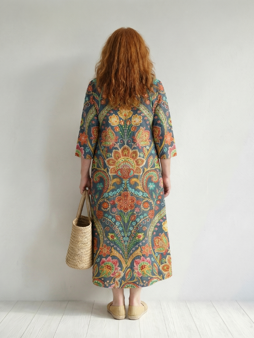 FJØRNA women's summer midi dress with long sleeves, wrap style, flowy lightweight fabric, perfect for warm weather.
