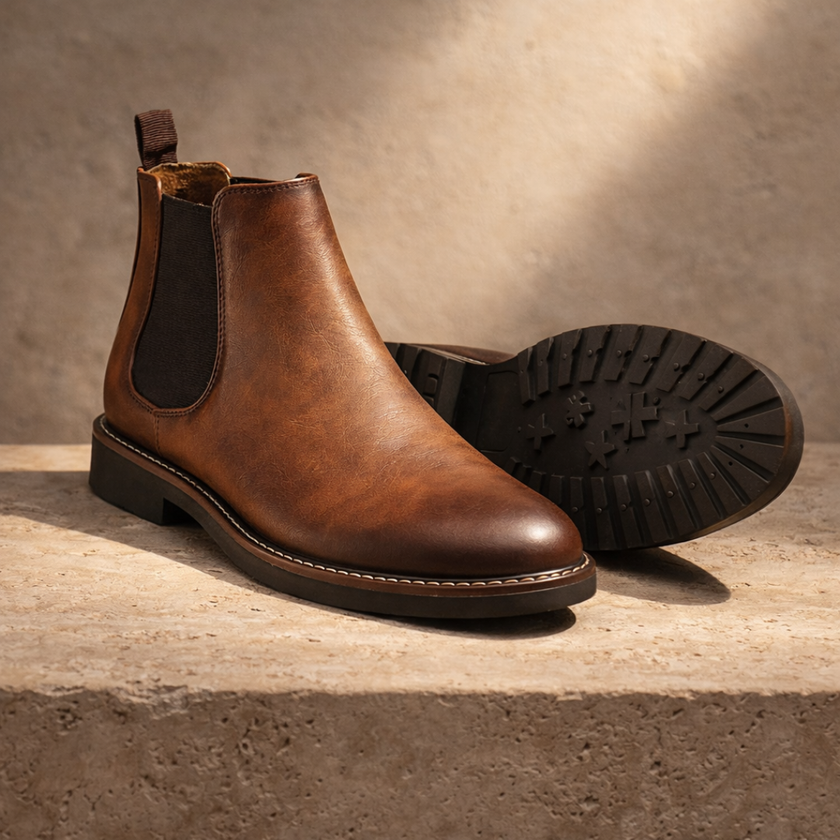 FJØRNA men's leather Chelsea boots with elastic side panels and sleek design, perfect for stylish and comfortable footwear.