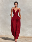 FJØRNA linen spaghetti strap jumpsuit for women with V-neck, high waist, pleated wide-leg pants, lightweight and stylish.