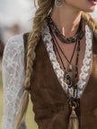 Brown suede lace sleeve Western shirt for women by FJØRNA, featuring a stylish design with lace details on the sleeves and a classic Western cut.