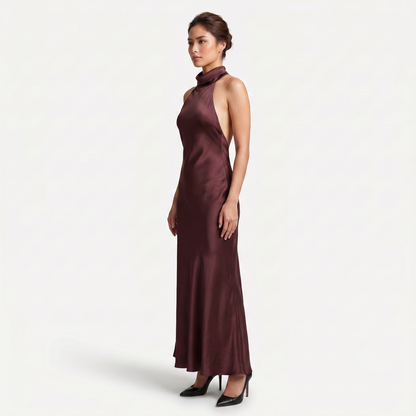 FJØRNA women's satin halter maxi dress with open back and cowl neck, elegant formal evening gown with flowing fabric and sophisticated style.