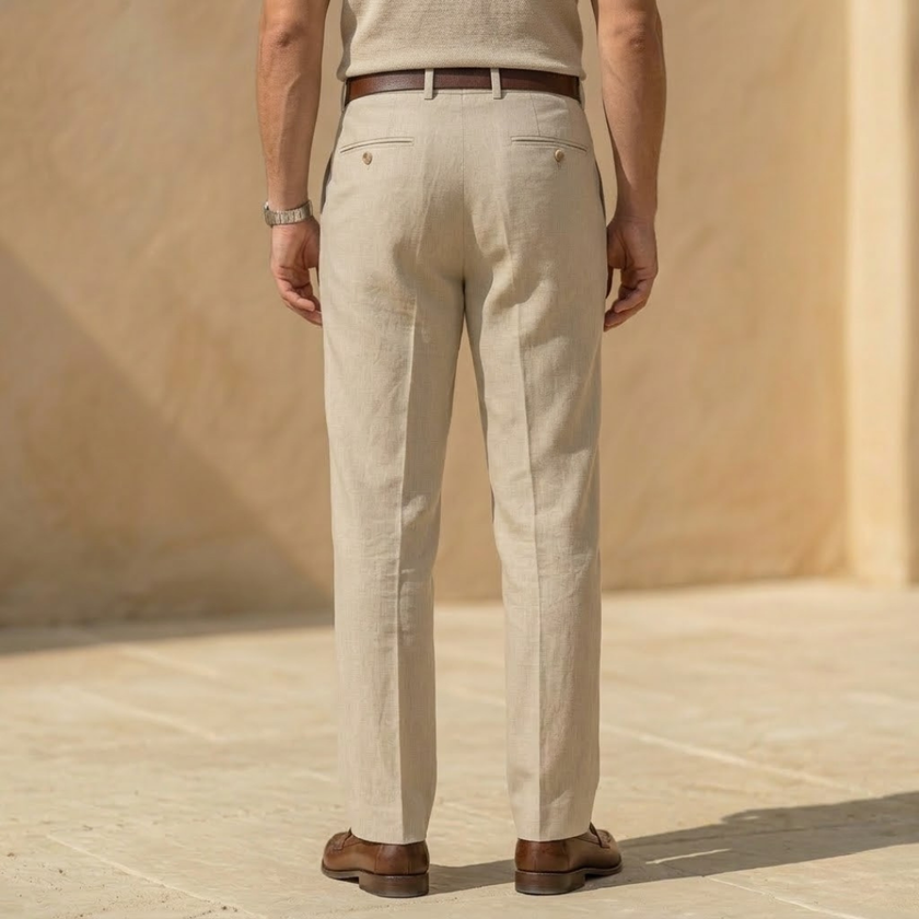 FJØRNA men's linen blend straight leg trousers with pleats and relaxed fit, showing the lightweight fabric and tailored design.