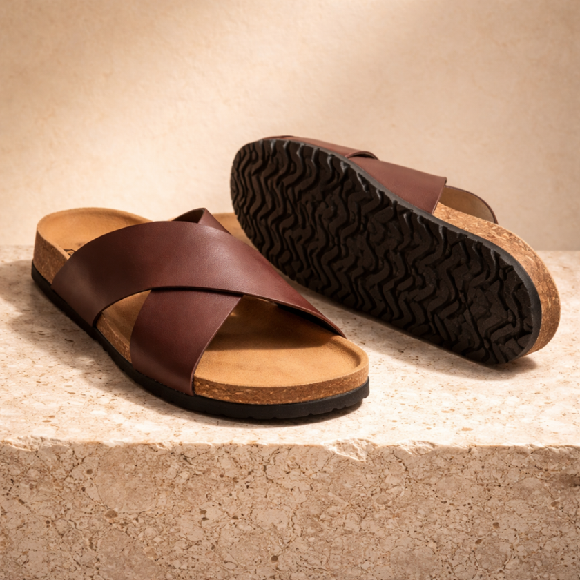 FJØRNA men's red cushioned sandals with open toe design, comfortable footwear for casual wear, shown on a plain background.