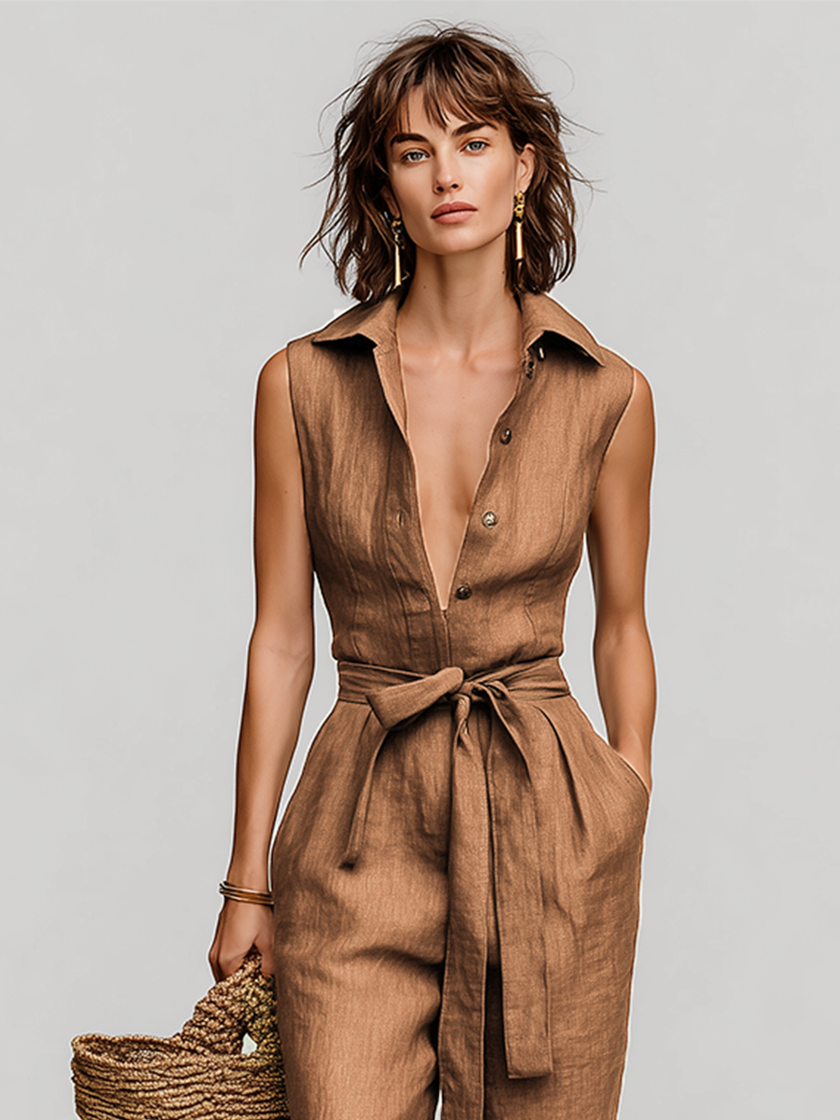 FJØRNA women's linen jumpsuit with collared V-neck and self-tie waist, featuring relaxed resort style pants.