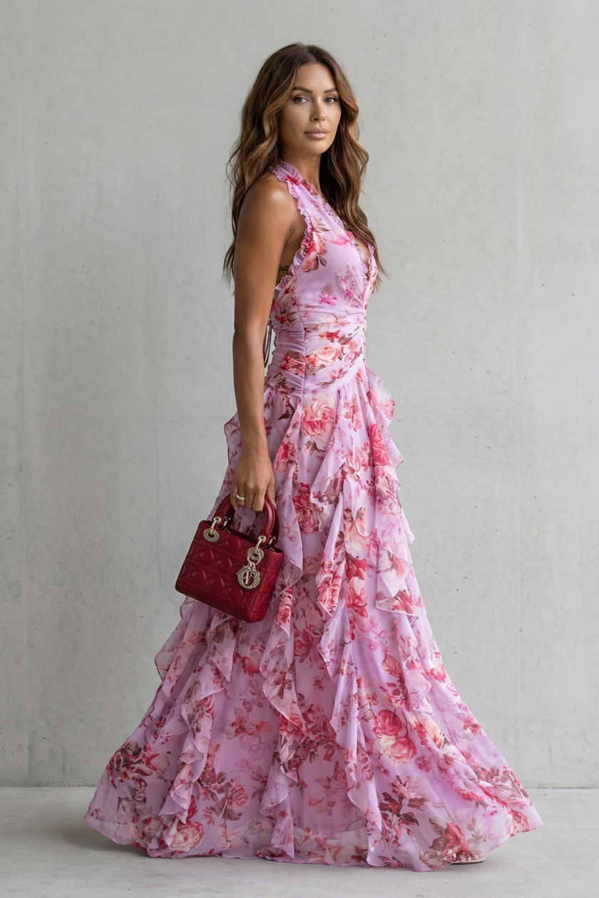 Elegant FJØRNA floral maxi dress for women with halter neckline and flowing fabric, perfect for summer or special occasions.