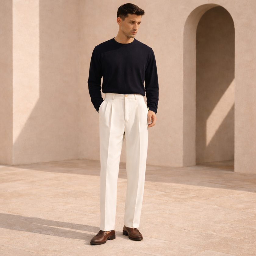 Men's wide leg pleated trousers by FJØRNA, relaxed fit pants with a stylish, flowing design for a comfortable, modern look.