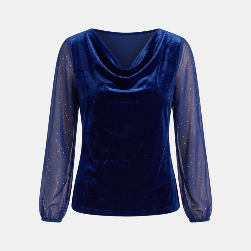 Elegant FJØRNA velvet top featuring a cowl neck and diamond mesh sleeves, perfect for stylish women's wear.