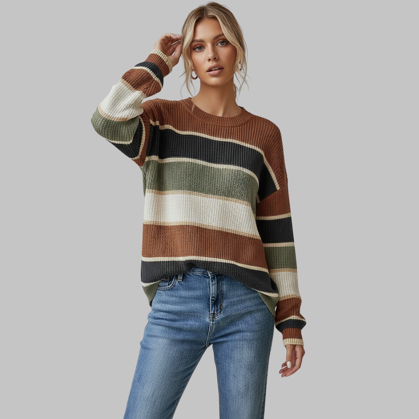 Women's Striped Colour-Block Crewneck Sweater