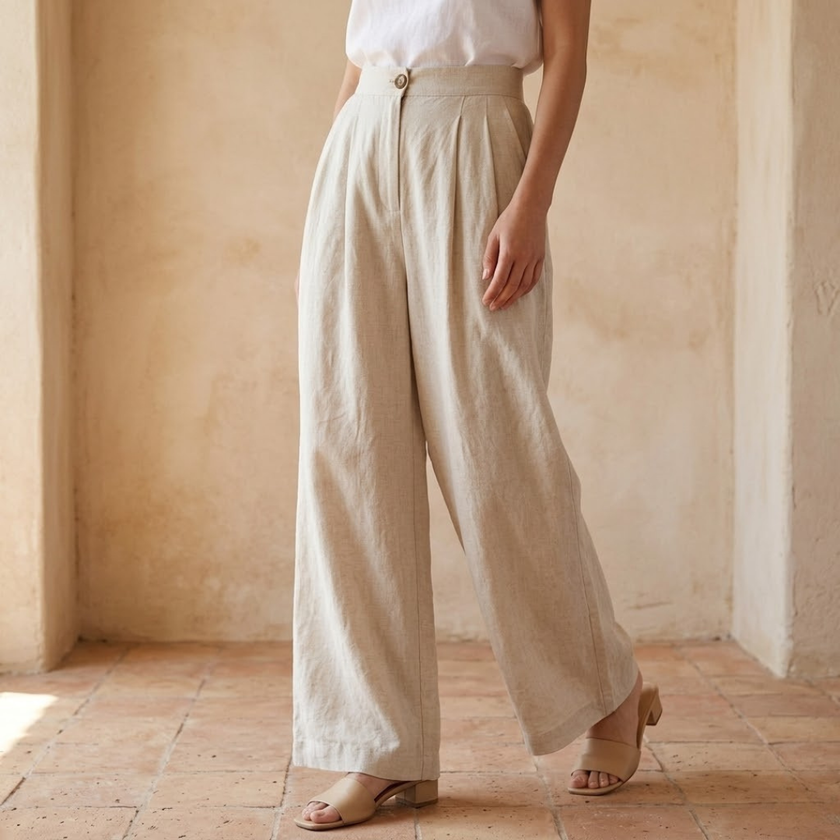 FJØRNA women's linen wide-leg trousers featuring high waist and tailored fit, shown on model with front view.
