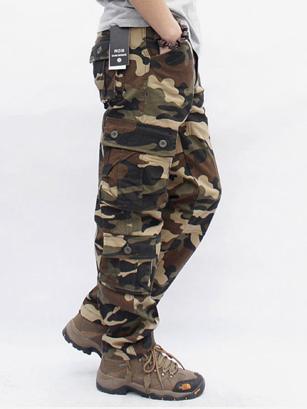 FJØRNA men's camouflage military cargo pants with straight cut, cotton fabric, side pockets, designed for comfort and style.