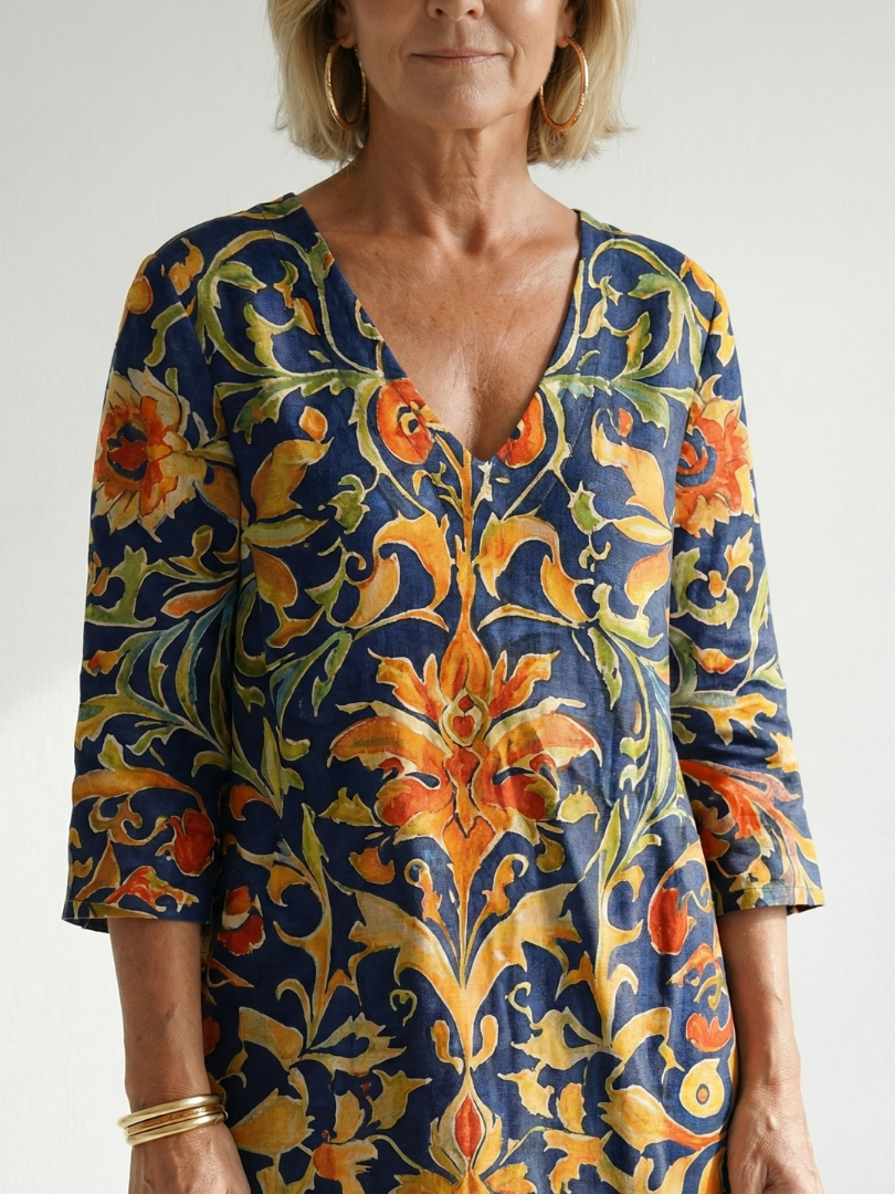 FJØRNA women's floral summer midi dress with long sleeves, wrap style, tailored fit, perfect for warm-weather occasions.