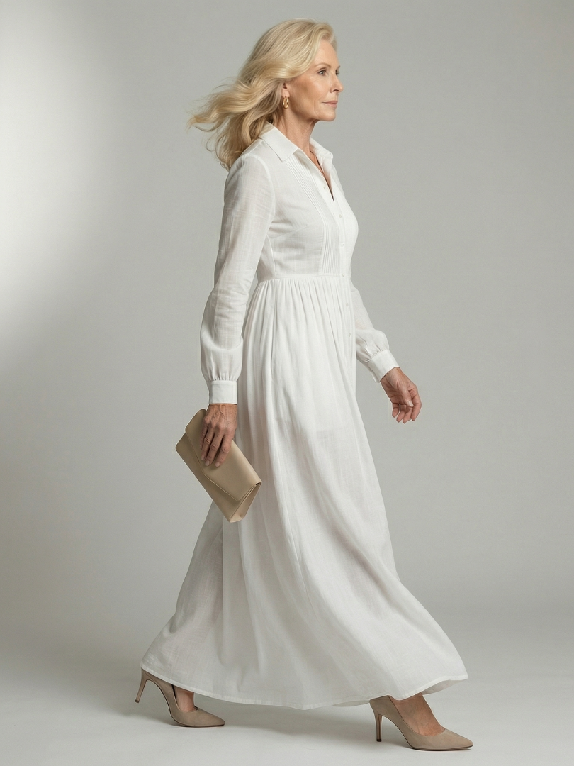 FJØRNA women's summer maxi dress with long sleeves and pockets, flowing lightweight fabric, perfect for warm weather and casual wear.