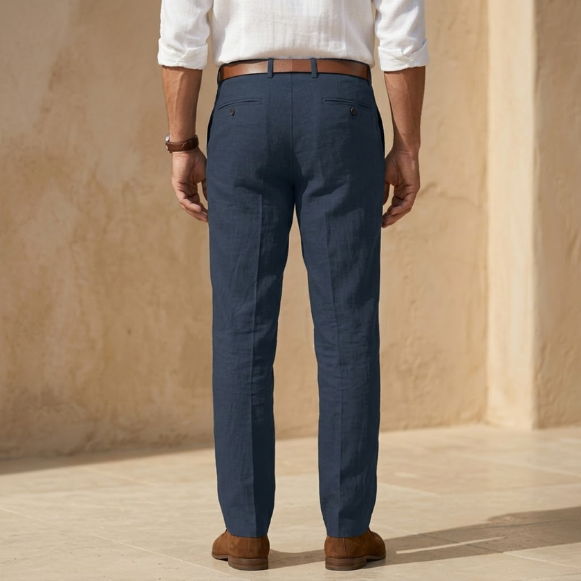 FJØRNA men's linen blend straight-leg trousers showing tailored fit and classic design in neutral fabric