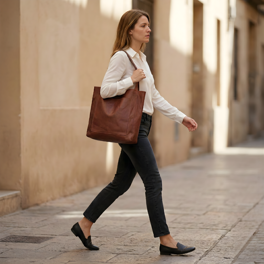 FJØRNA leather tote bag for women with anti-theft features, stylish travel bag made of premium leather, showcasing sturdy handles.