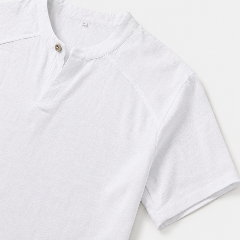 Men's FJØRNA linen short sleeve Henley T-shirt in light fabric, featuring a buttoned neckline and casual fit.