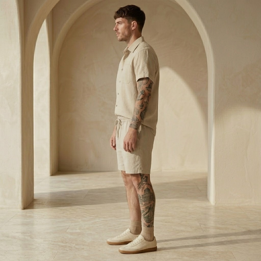 Men’s linen blend shirt and shorts co-ord set by FJØRNA, perfect for summer, with lightweight, breathable fabric and casual style.