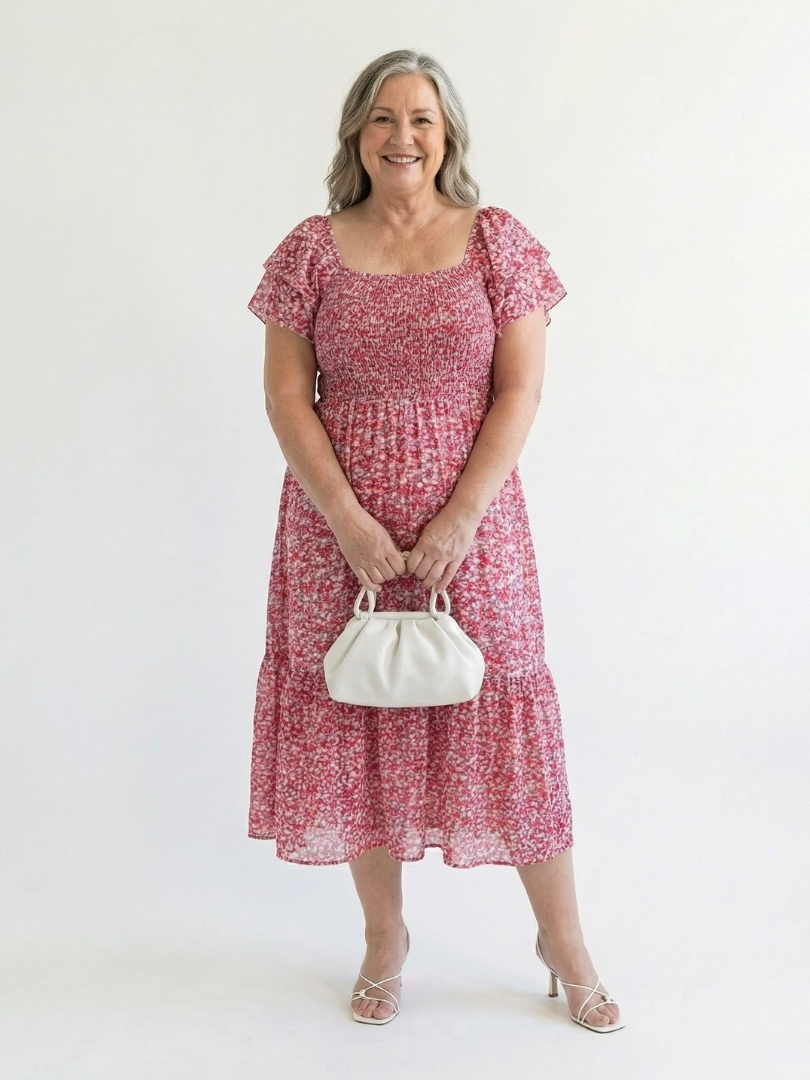 FJØRNA women's floral summer midi dress with puff sleeves and wrap style, perfect for warm-weather occasions.